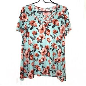 Floral Cross Front Unbranded Short Sleeve Top Blue Pink Medium
